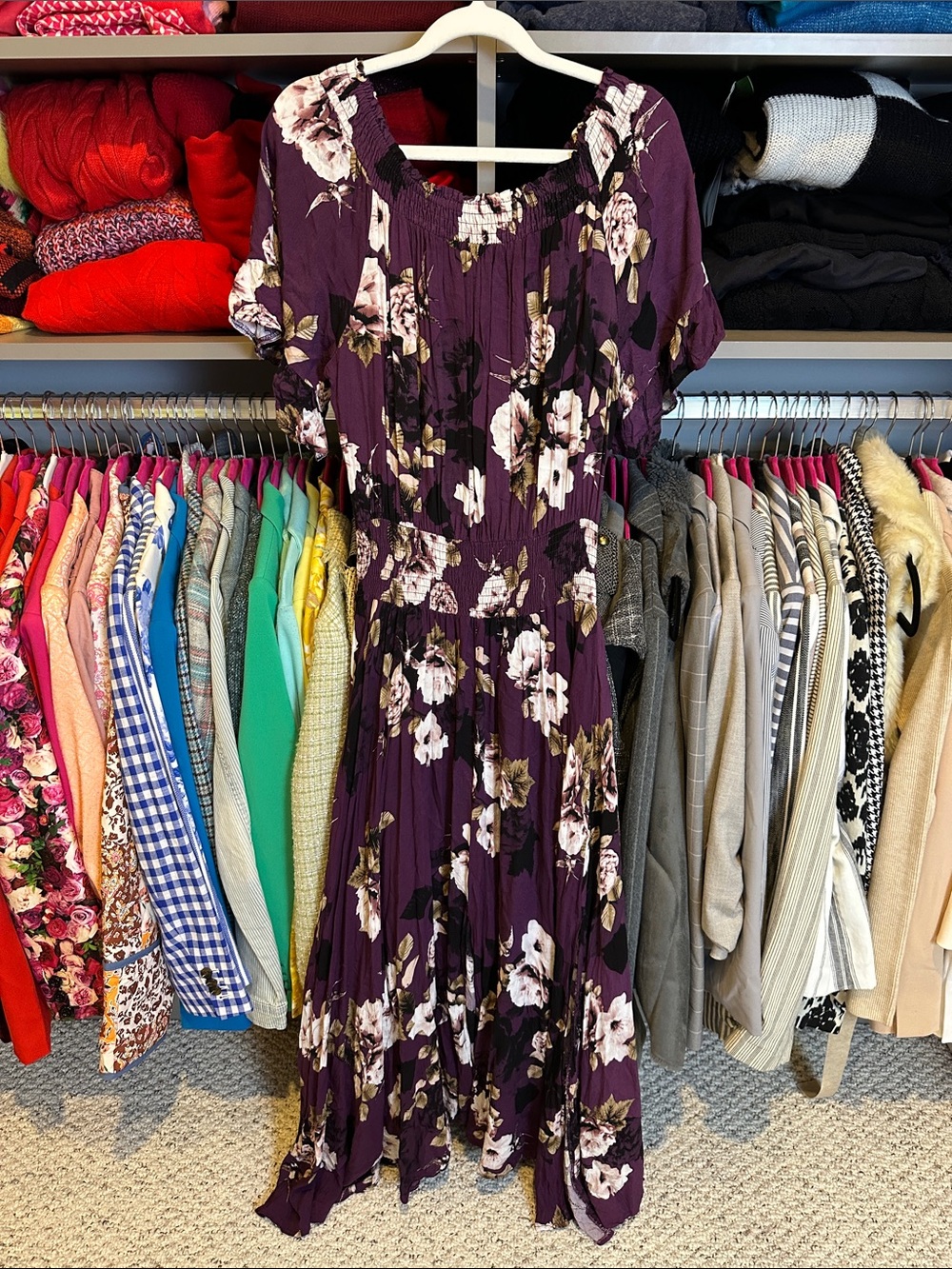 Jaase aubergine/pink floral elastic waistband short sleeve maxi dress size L